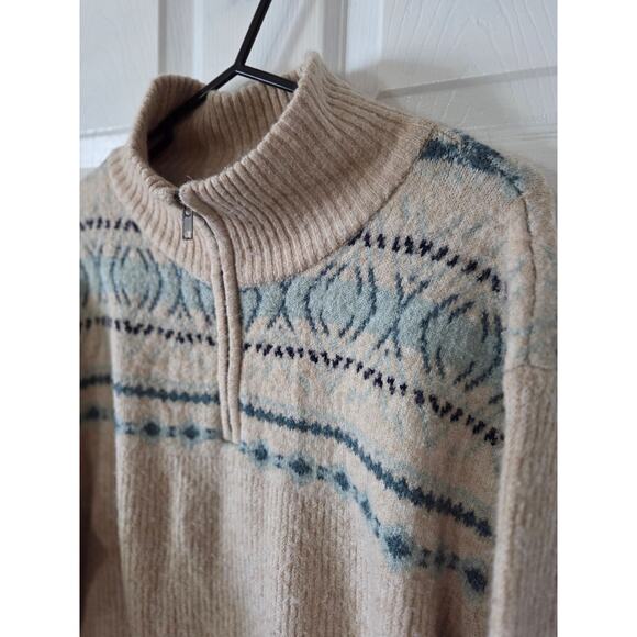 Aspen Sweater XL Tan Blue Fair Isle 1/4 Zip Nordic Knit Pullover - Picture 3 of 5